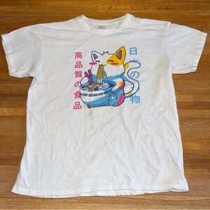 Brisco Brands LG White Japanese Anime Neko Cat Eating Noodle Short Sleeve Shirt